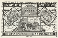 807178 Collage van gezichten op de kruidenierswinkels van de Oranje Grutterij van J. Das Dzn te Utrecht, met linksboven ...